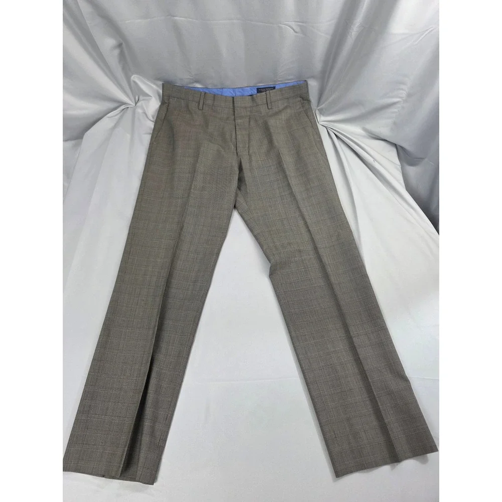 Banana Republic Tailored Slim Fit Brown Glen Plaid Wool Dress Pants Mens 36x32